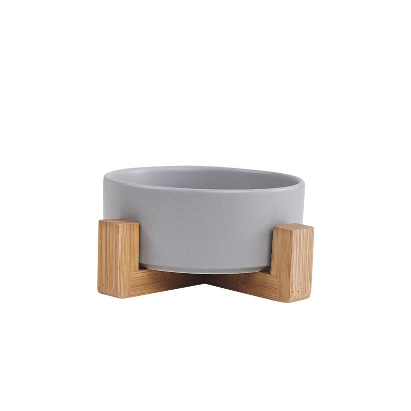 Ceramic Double Pet Bowl with Bamboo Stand for Cats Dogs