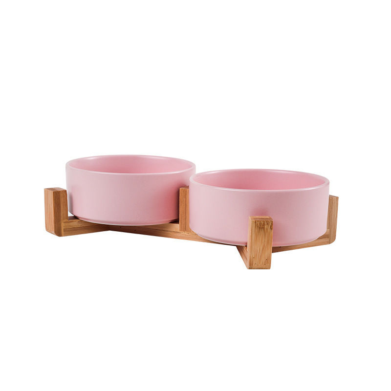 Ceramic Double Pet Bowl with Bamboo Stand for Cats Dogs
