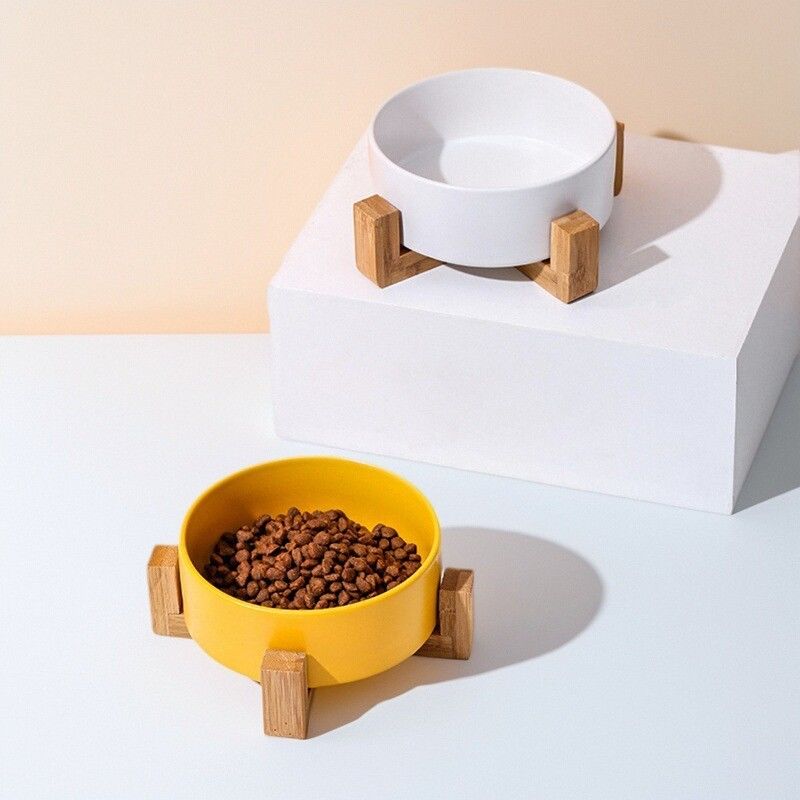 Ceramic Double Pet Bowl with Bamboo Stand for Cats Dogs
