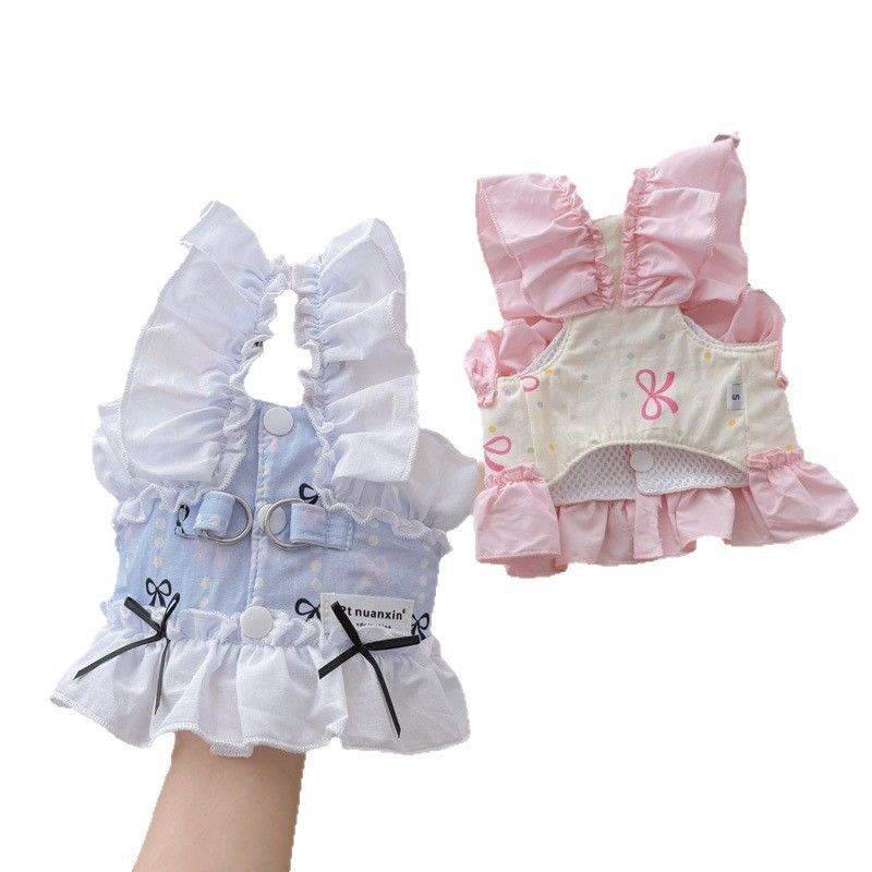 Blue and White Lace Dog Harness Dress for Small Pets