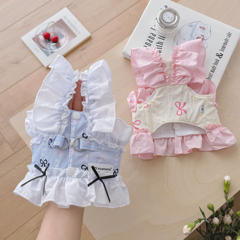 Blue and White Lace Dog Harness Dress for Small Pets